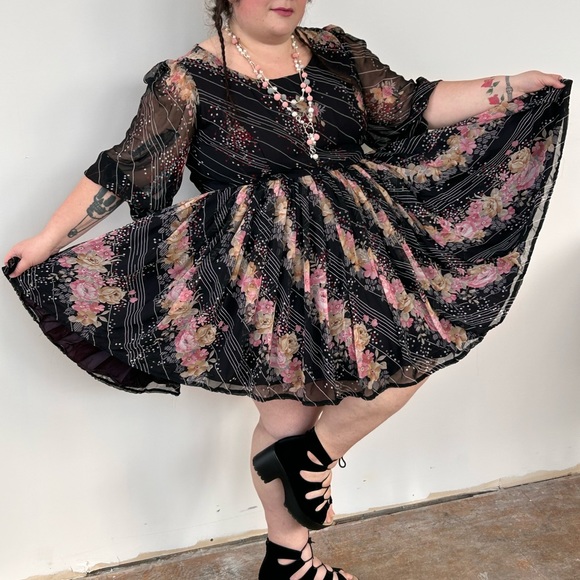 Vintage 70s Early 80s Handmade Black Chiffon Country Deco Floral Plus Size Dress - Picture 5 of 6
